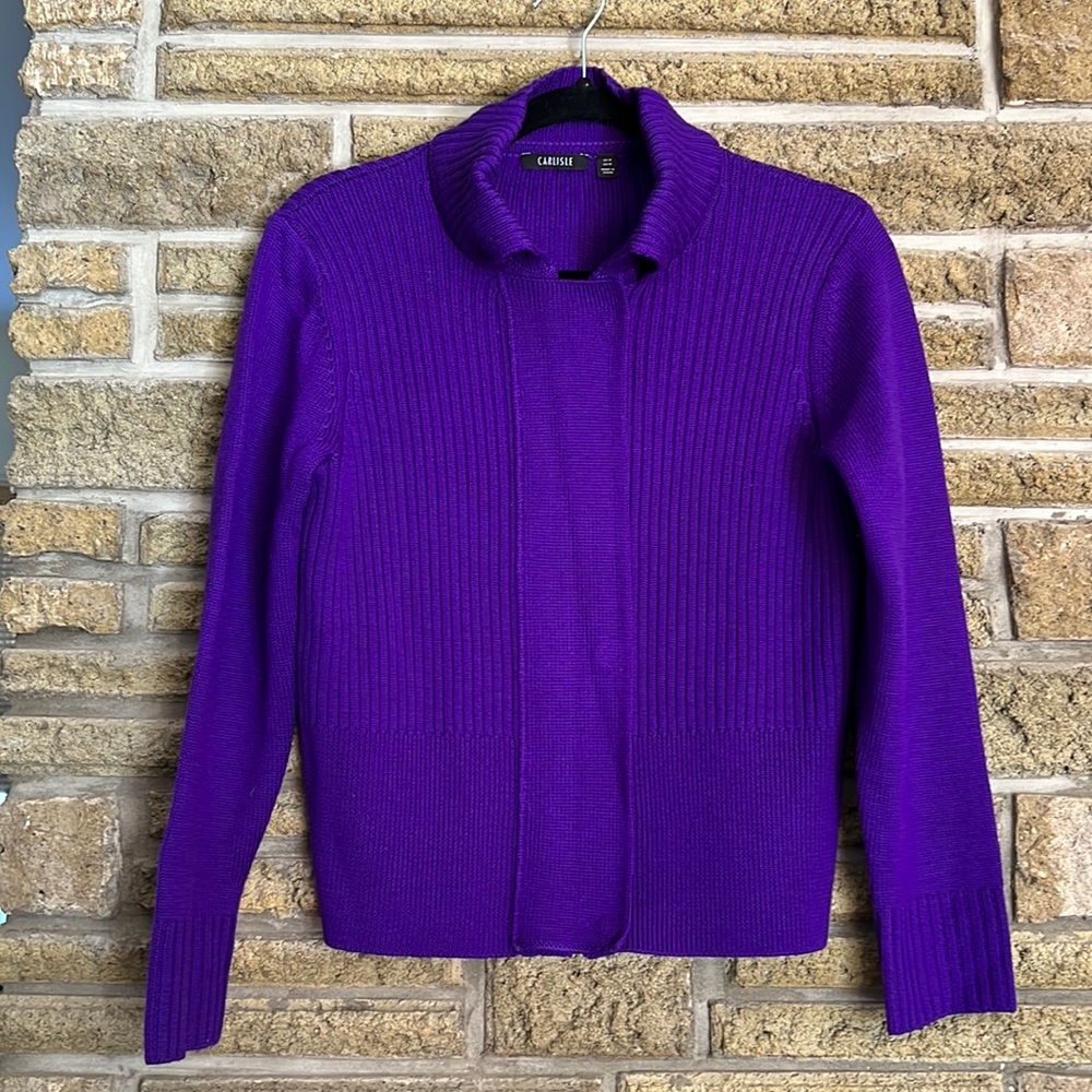 Carlisle Purple Ribbed Merino Wool Cardigan Sweater Size Medium